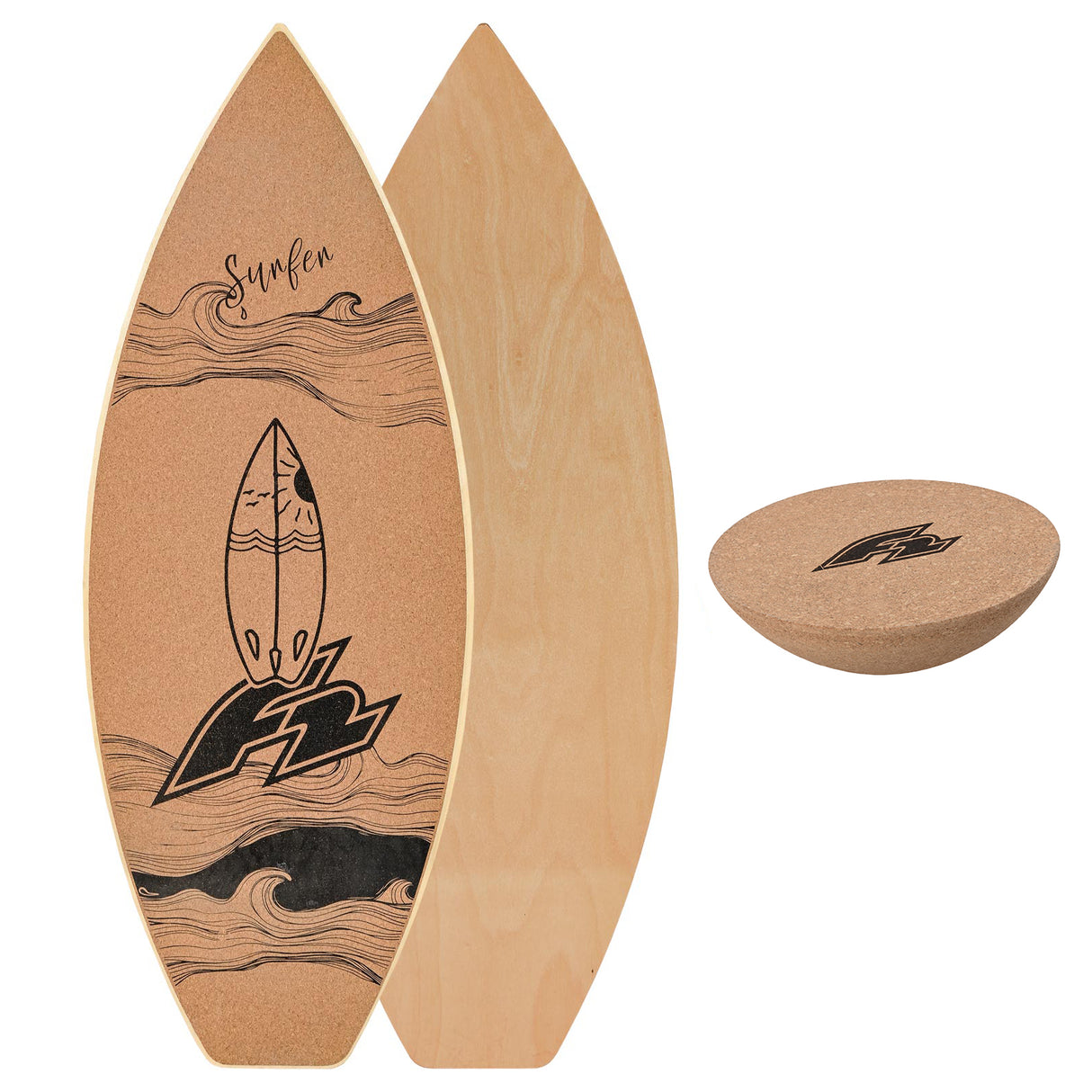 F2 Set Kork Balance Board Surf Flat Shape 74x30cm + Halbkugel