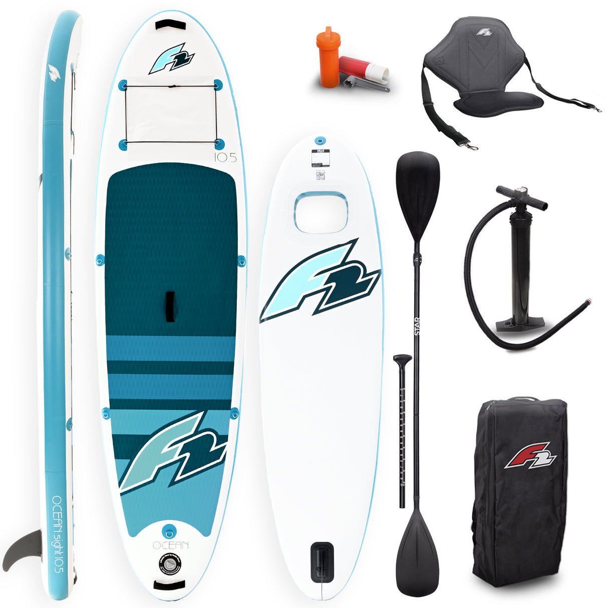 F2 Set Stand Up Paddle Board Ocean Sight Weiss 10,5 + Kajak Zubehör Paket