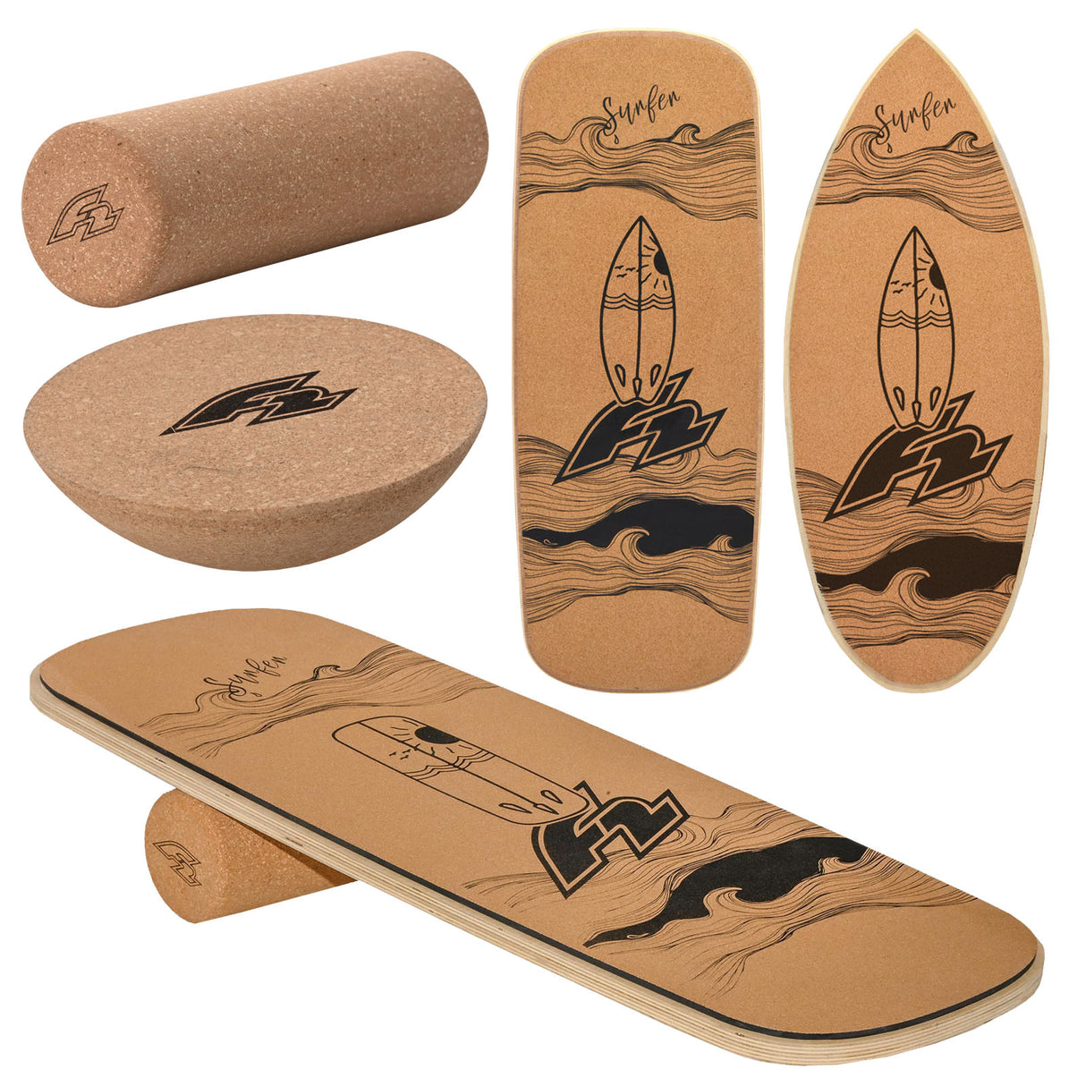 F2 Kork Balance Boards mit Korkrolle + Kork Halbkugel - Komplettset Modell wählbar