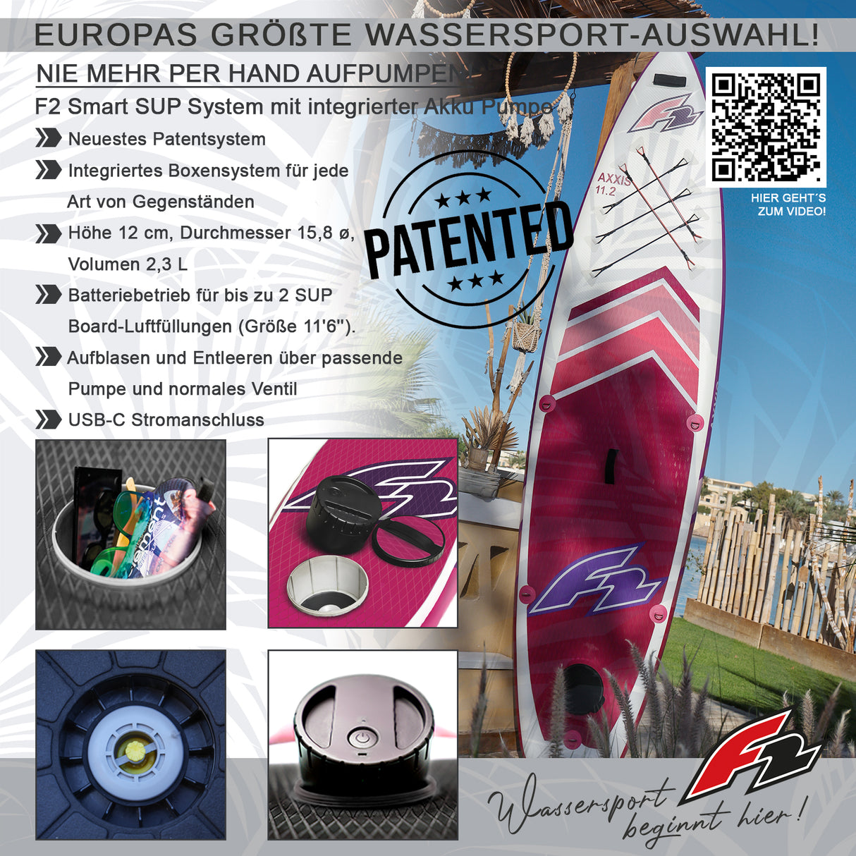 F2 Stand Up Paddle Board AXXIS SMART Damen SUP mit E-Pumpe Größe wählbar