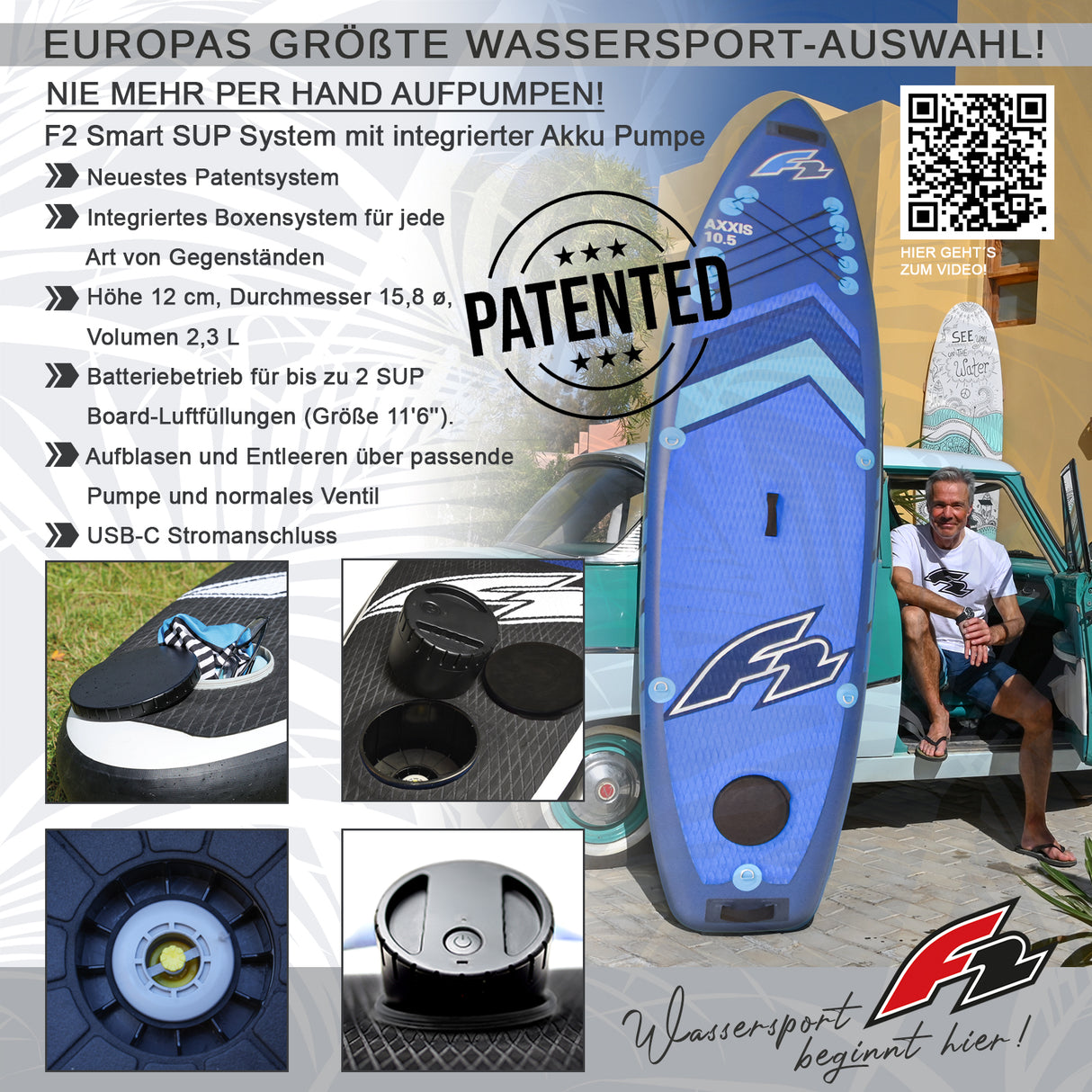 F2 Stand Up Paddle Board SECTOR SMART 10,5 Blau mit E-Pumpe + E-Finne